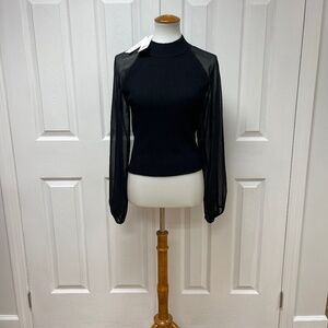 French Connection Black Knit Sweater With Sheer Black Sleeves - Size M -‎ NEW.